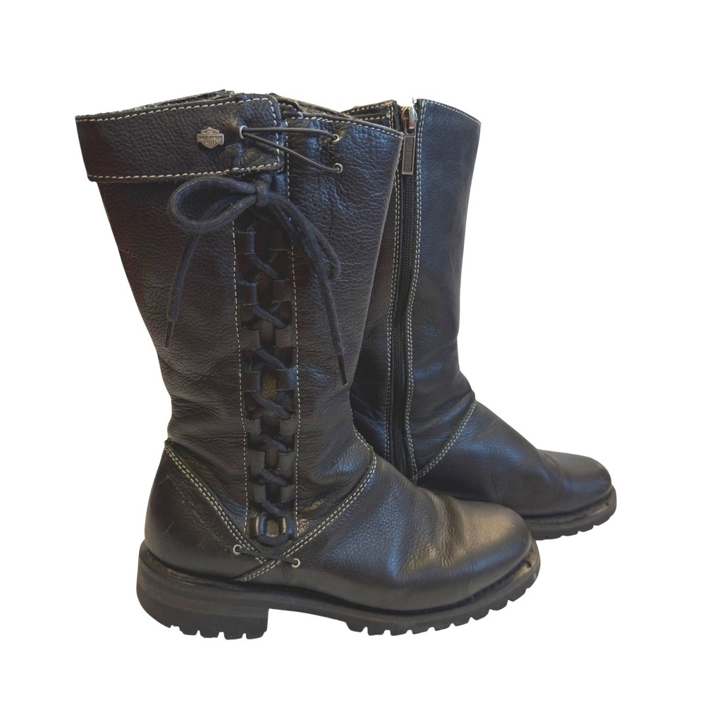 Harley-Davidson Melia Moto Boots Black Size 7 Biker Leather Side Lace MSRP $175